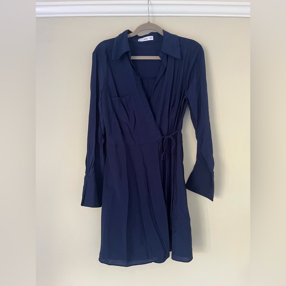 Navy Blue Long Sleeve Wrap Mini Dress